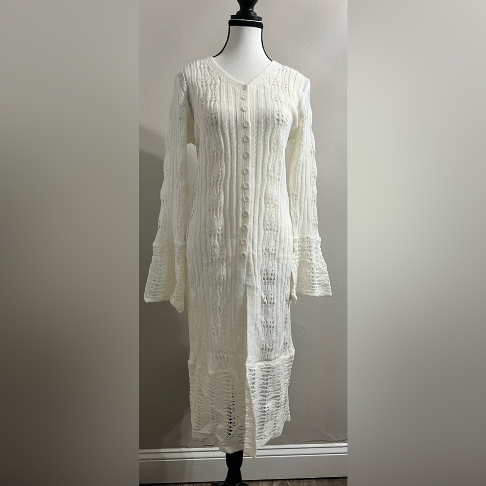 Cream Crochet Button Front Bell Sleeves Long Cardigan - Picture 2 of 11